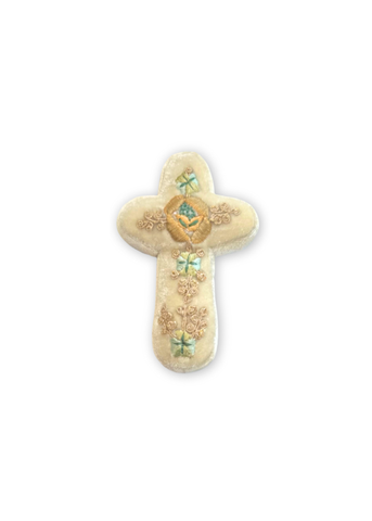 Miranda Blue + Gold Embroidered Silk Velvet Cross in Ice Blue