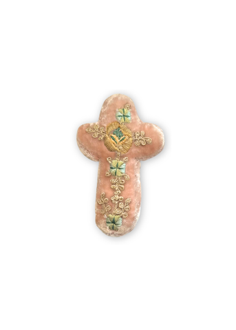 Miranda Blue + Gold Embroidered Silk Velvet Cross in Old Rose