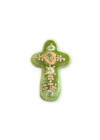 Miranda Gold Embroidered Silk Velvet Cross in Emerald