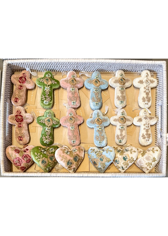 Miranda Blue + Gold Embroidered Silk Velvet Cross in Ice Blue