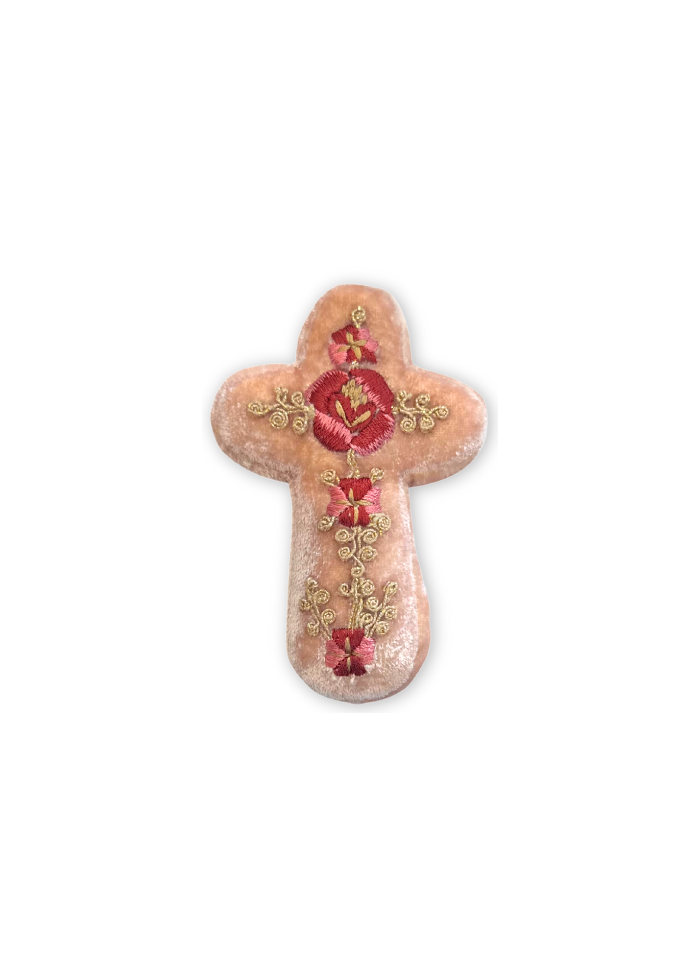 Miranda Red + Gold Embroidered Silk Velvet Cross in Pink Quartz