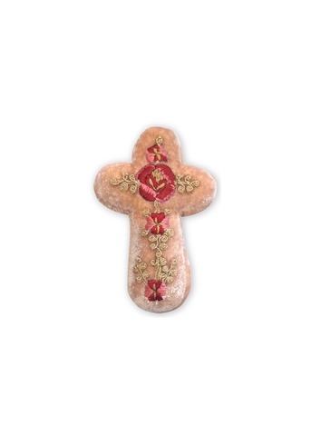 Miranda Red + Gold Embroidered Silk Velvet Cross in Pink Quartz