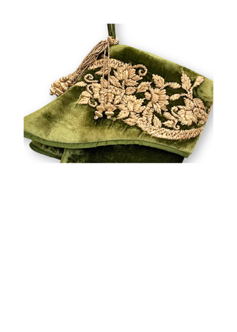 Nature Velvet Stocking with Gold Embroidered Cuff in Grass Green
