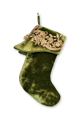 Nature Velvet Stocking with Gold Embroidered Cuff in Grass Green