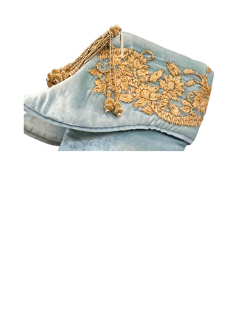 Nature Silk Velvet Stocking with Gold Embroidered Cuff in Heavenly Blue