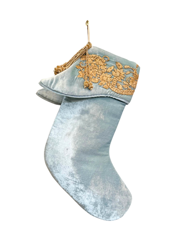 Nature Silk Velvet Stocking with Gold Embroidered Cuff in Heavenly Blue