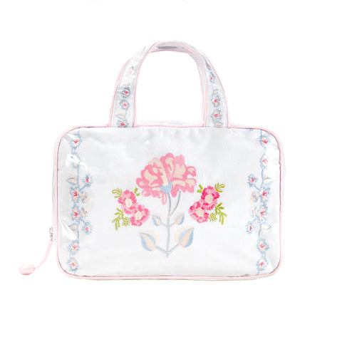 Peony Embroidered Double Handle Cosmetic Bag with Pink Satin Trim