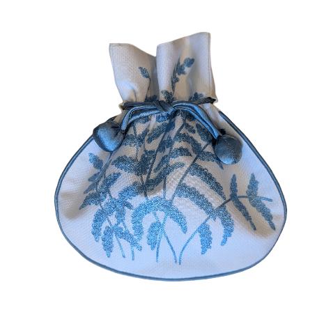 Fern Embroidered Drawstring Jewelry Pouch in Sky Blue