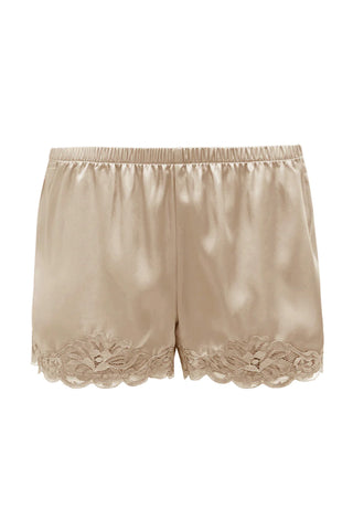Floral Lace-Trimmed Silk Shorts in Raffia
