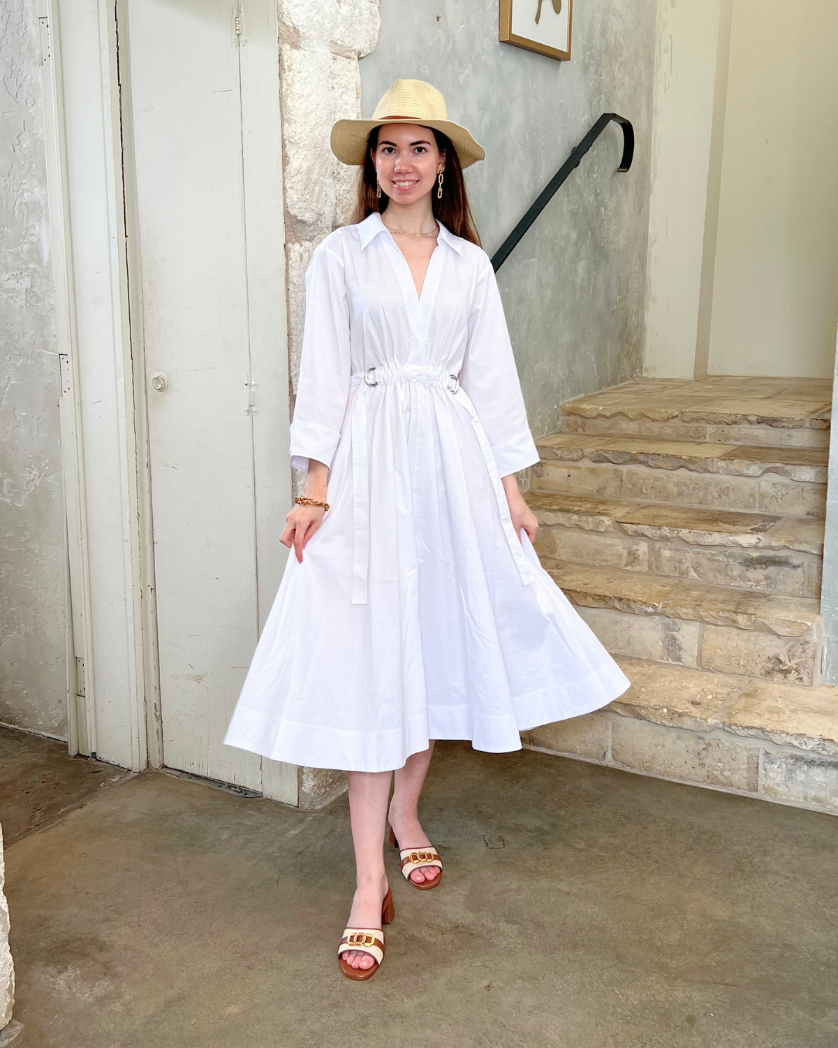 Scarlett Long Sleeve Cinched Waist Midi Shirt Dress In White