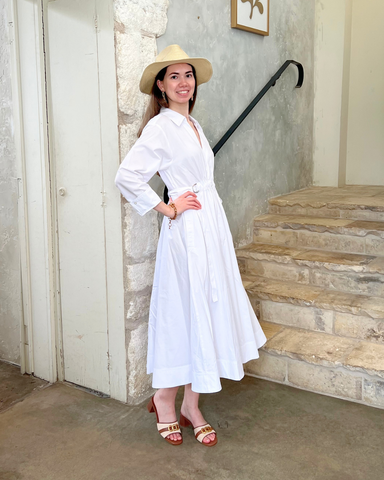 Scarlett Long Sleeve Cinched Waist Midi Shirt Dress In White