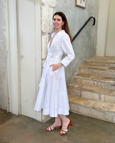 Scarlett Long Sleeve Cinched Waist Midi Shirt Dress In White