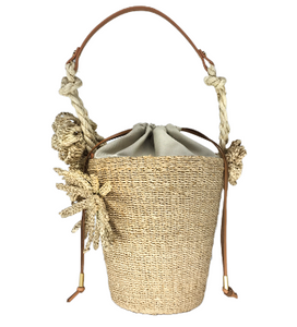 Flora Woven Abaca Pail Bag with Crochet Flowers