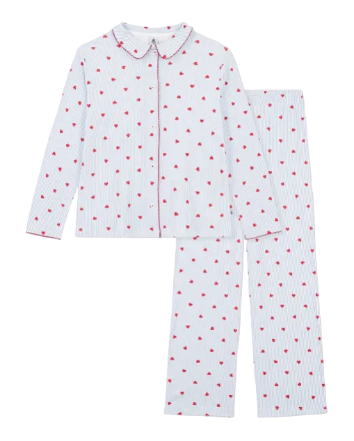 Striped Hearts Printed Long Sleeve Top + Pants Loungewear Set In Light Blue