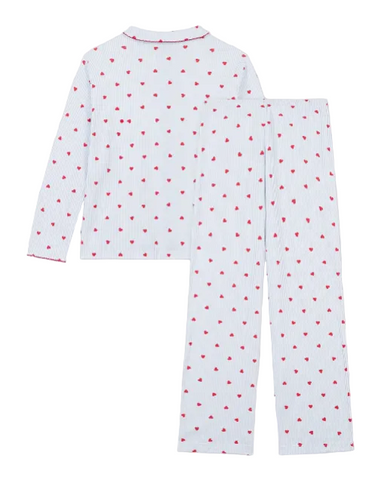 Striped Hearts Printed Long Sleeve Top + Pants Loungewear Set In Light Blue