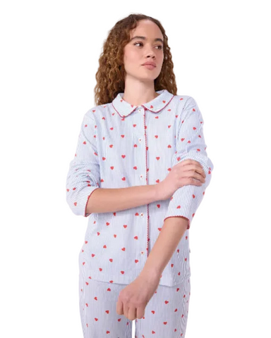 Striped Hearts Printed Long Sleeve Top + Pants Loungewear Set In Light Blue