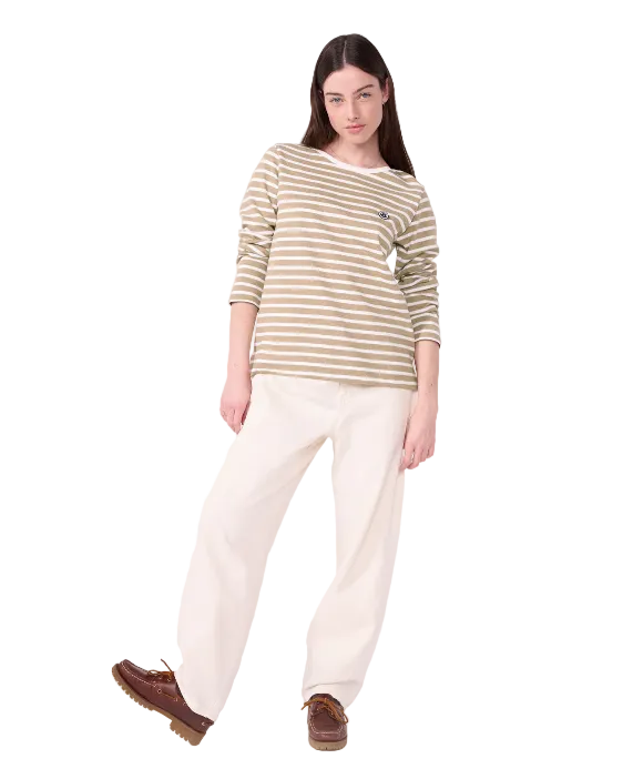 Long Sleeve Boatneck Stripe Mariniere Top In Brown + White