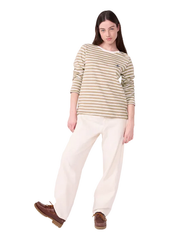 Long Sleeve Boatneck Stripe Mariniere Top In Brown + White