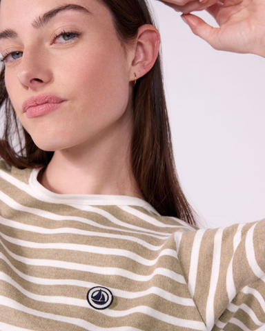 Long Sleeve Boatneck Stripe Mariniere Top In Brown + White