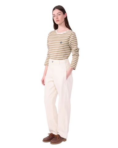 Long Sleeve Boatneck Stripe Mariniere Top In Brown + White