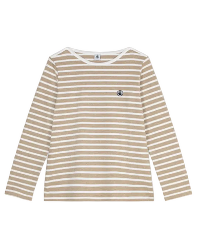 Long Sleeve Boatneck Stripe Mariniere Top In Brown + White