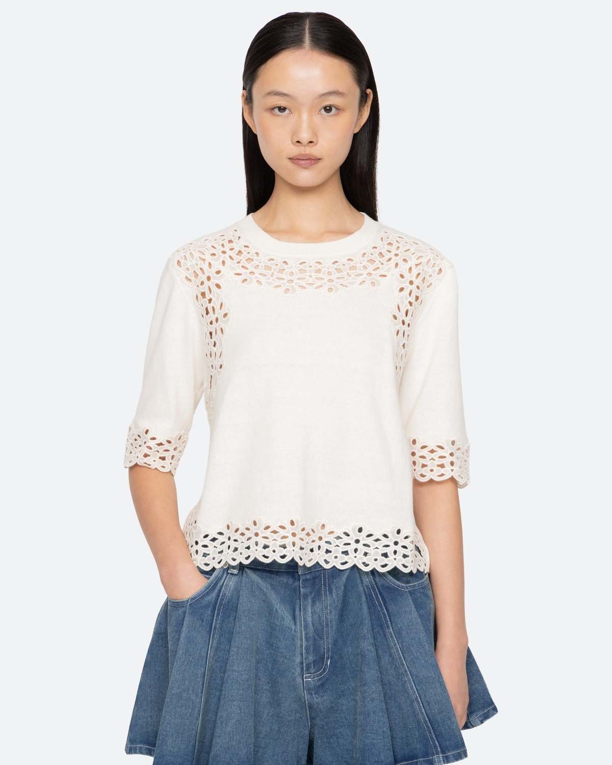 Leila Eyelet Trimmed Short Sleeve Sweater in Cream