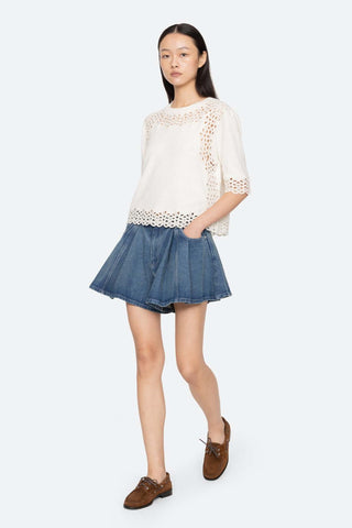 Leila Eyelet Trimmed Short Sleeve Sweater in Cream