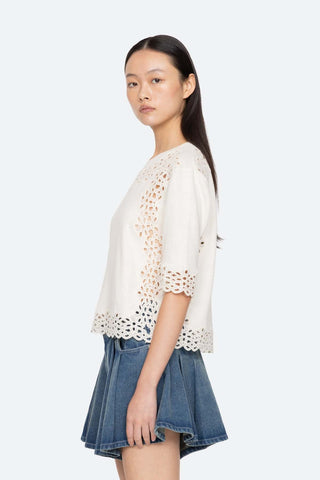Leila Eyelet Trimmed Short Sleeve Sweater in Cream