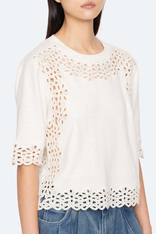 Leila Eyelet Trimmed Short Sleeve Sweater in Cream