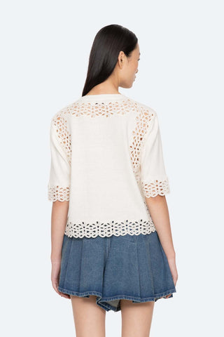 Leila Eyelet Trimmed Short Sleeve Sweater in Cream