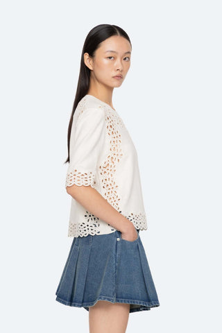 Leila Eyelet Trimmed Short Sleeve Sweater in Cream