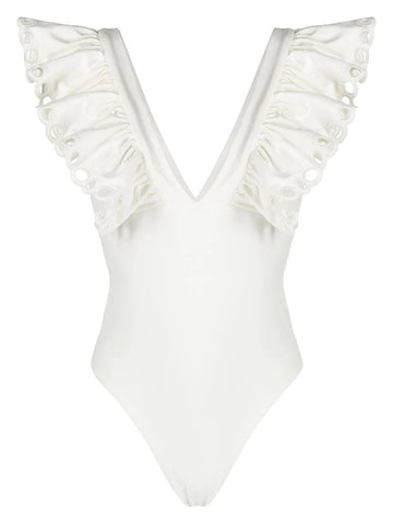 Solid Scallop One Piece Swimsuit in White