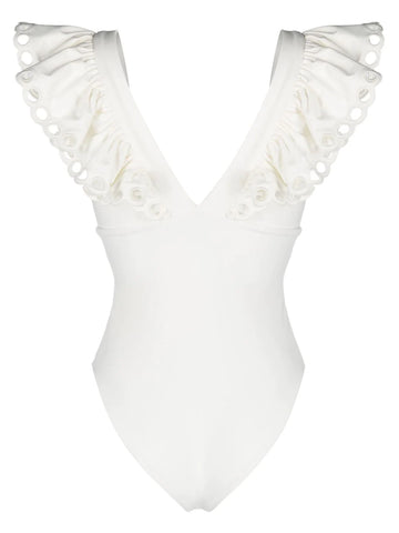 Solid Scallop One Piece Swimsuit in White