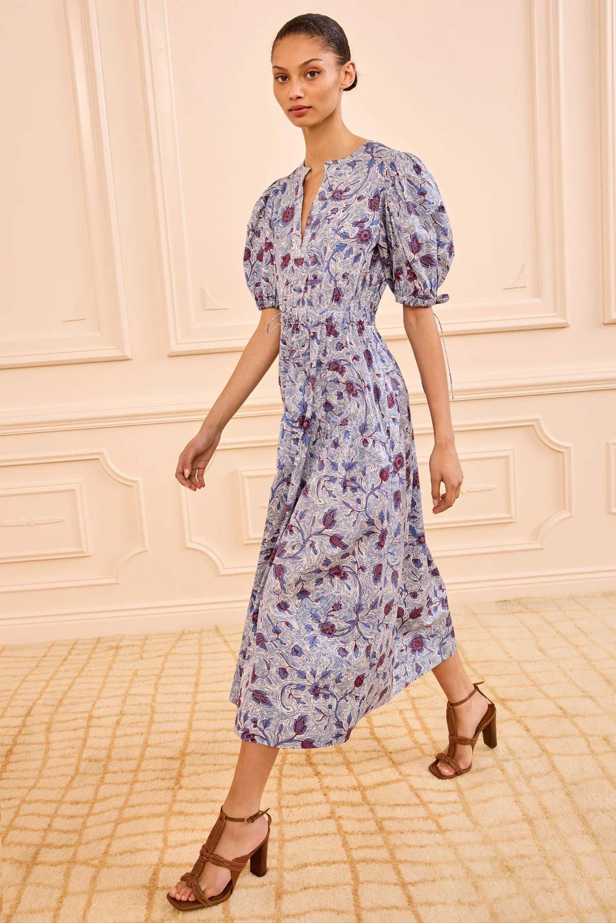 Adriana Wave Floral Puff Sleeve Belted Midi Dress in Gardenia