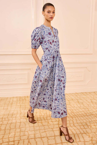Adriana Wave Floral Puff Sleeve Belted Midi Dress in Gardenia