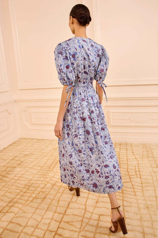 Adriana Wave Floral Puff Sleeve Belted Midi Dress in Gardenia