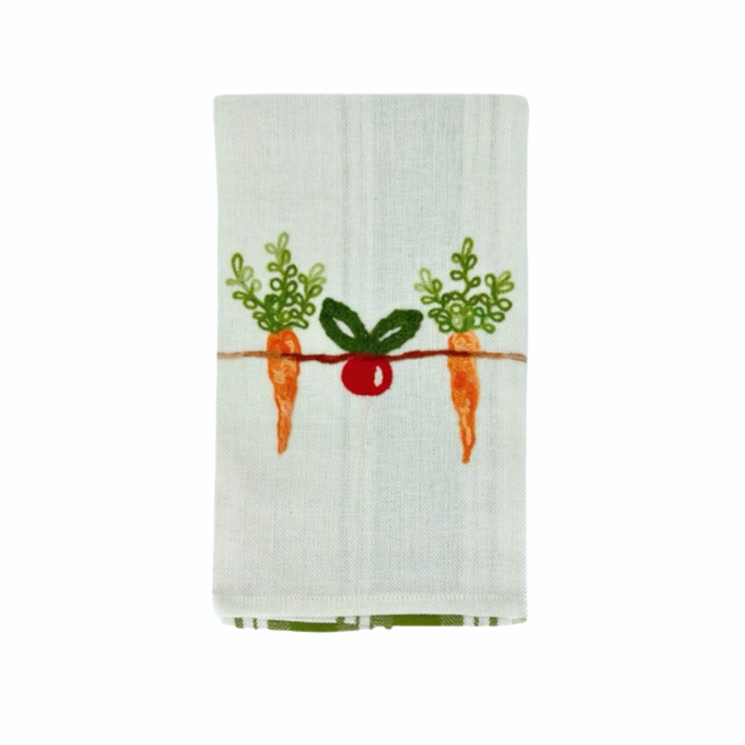 Due Fragole Embroidered Green Striped Kitchen Towel in Carrot + Radish