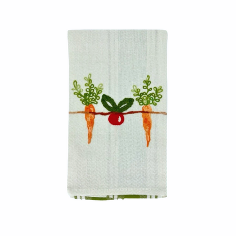 Due Fragole Embroidered Green Striped Kitchen Towel in Carrot + Radish