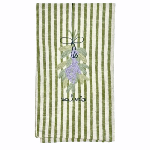 Salvia Melograno Embroidered Striped Kitchen Towel in Green