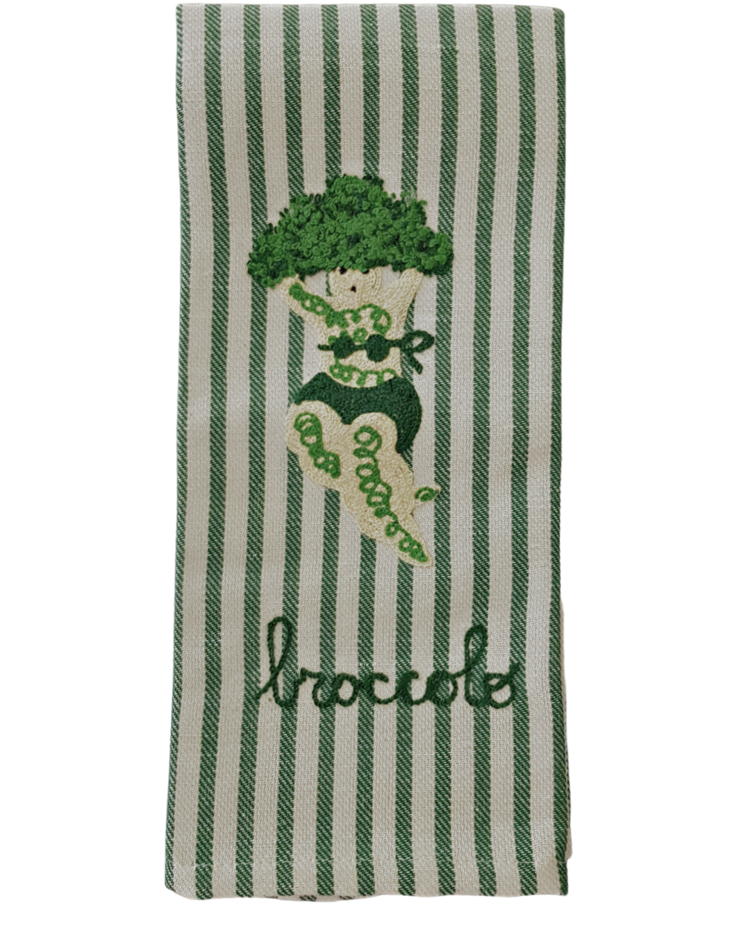Melograno Broccoli Lady Emroidered Kitchen Towel in Dark Green Stripe