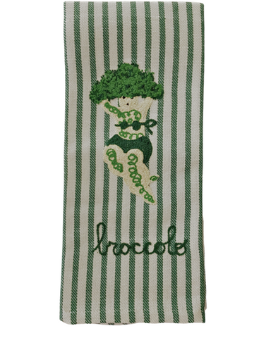 Melograno Broccoli Lady Emroidered Kitchen Towel in Dark Green Stripe