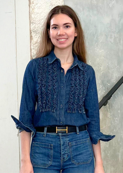 Lexa Denim Ruffle Front Long Sleeve Shirt in Classic Wash