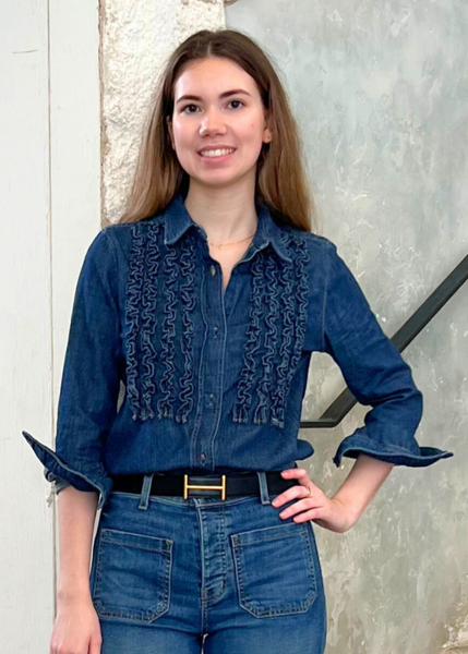 Lexa Denim Ruffle Front Long Sleeve Shirt in Classic Wash