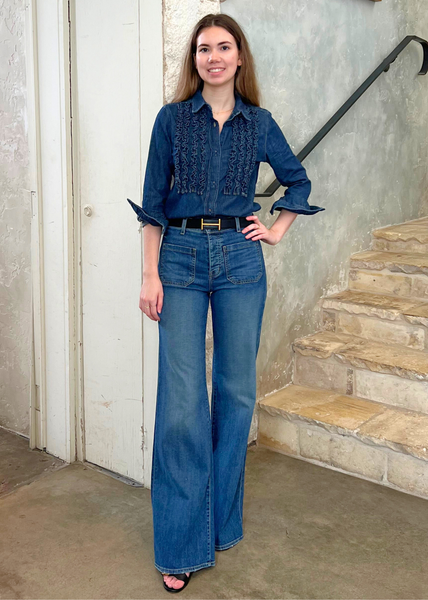 Lexa Denim Ruffle Front Long Sleeve Shirt in Classic Wash