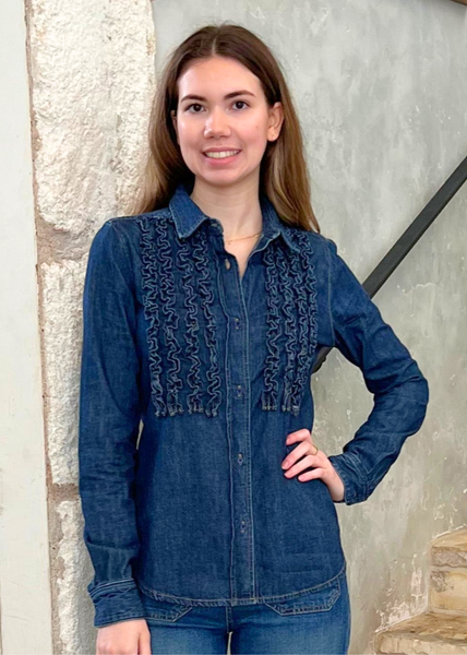 Lexa Denim Ruffle Front Long Sleeve Shirt in Classic Wash