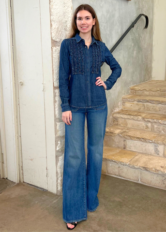Lexa Denim Ruffle Front Long Sleeve Shirt in Classic Wash