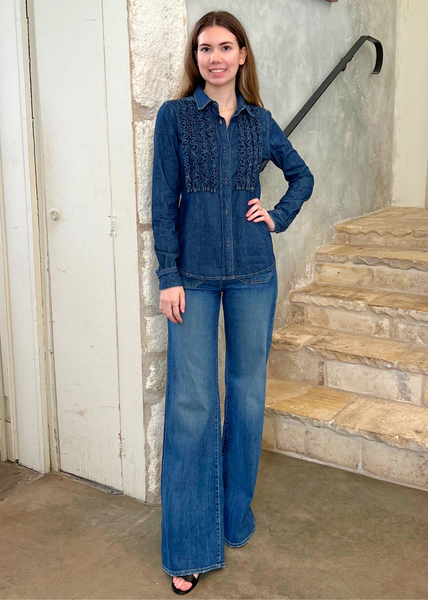Lexa Denim Ruffle Front Long Sleeve Shirt in Classic Wash