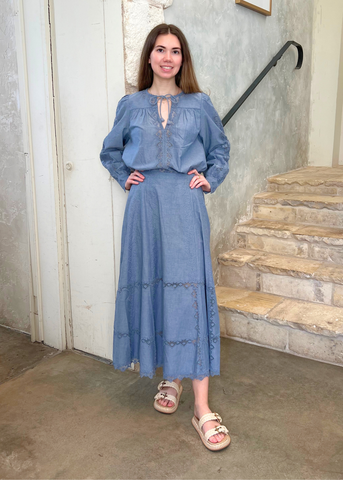 Lucia Flared Chambray Midi Skirt