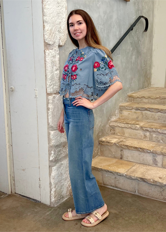 Rosaline Embroidery Half Sleeve Tie Front Top in Blue