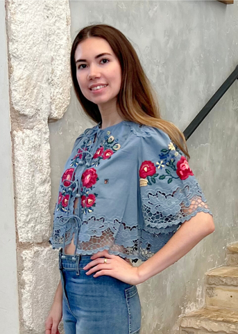 Rosaline Embroidery Half Sleeve Tie Front Top in Blue